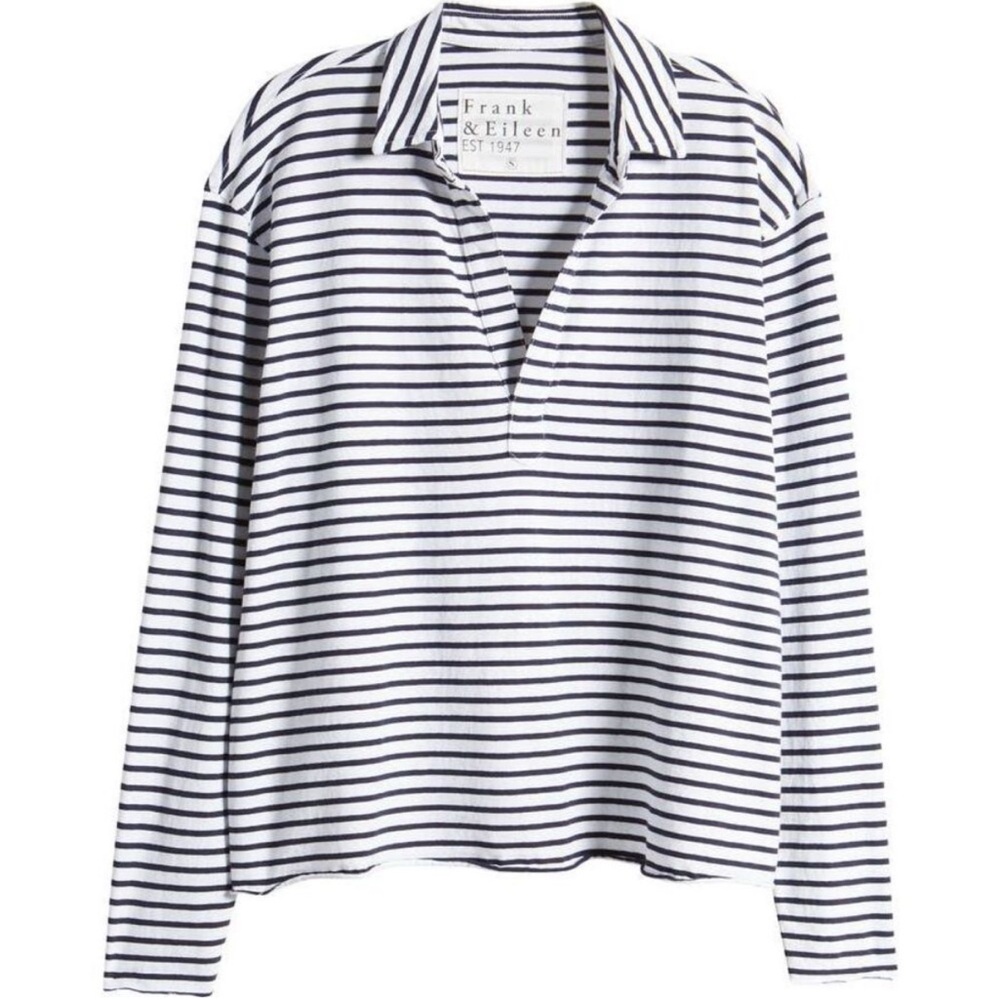 Frank & Eileen White and Navy Striped Button-Down Long Sleeve Top